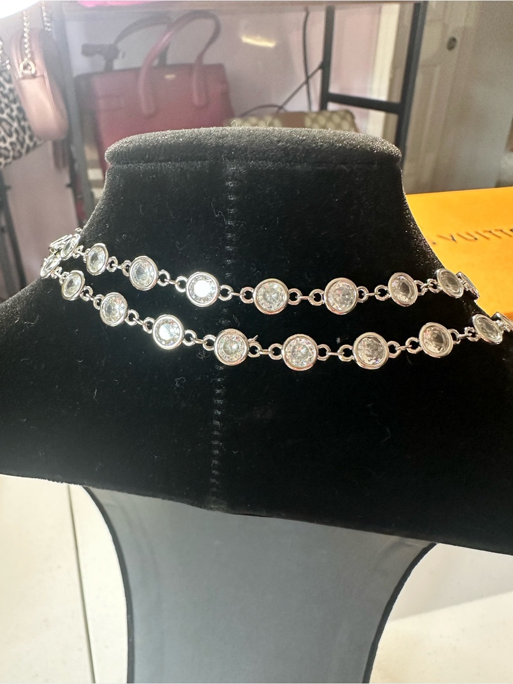 Silver-Tone Bezel Crystal Station Necklace - Elegant Layered Look - Picture 2 of 3
